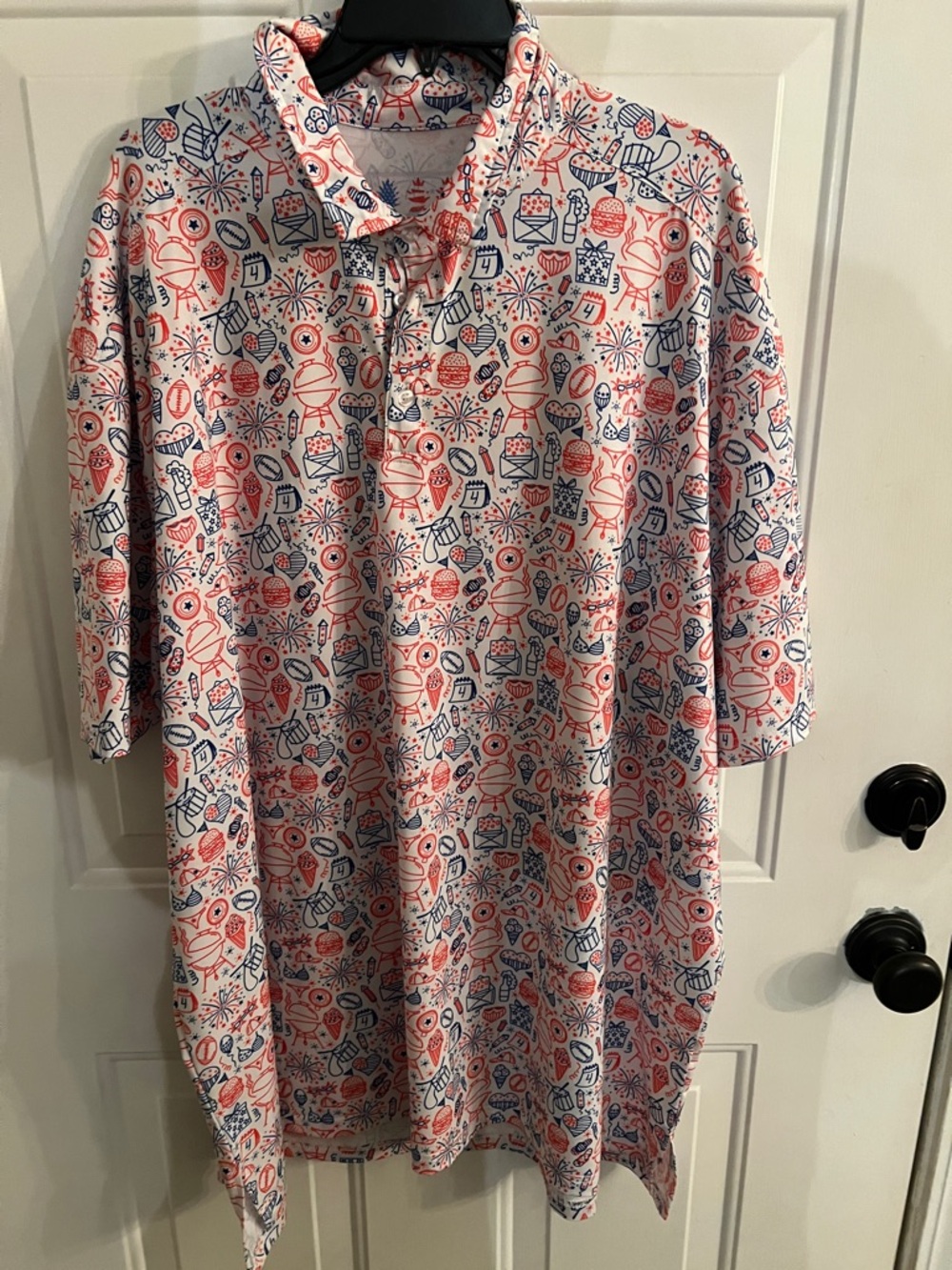 White Polo Shirt with Red & Blue All-Over Print